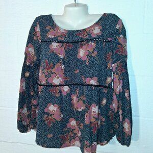 Knox Rose Oversize Top Boho Floral Puff Sleeve Peasant Babydoll Navy Red Pink XS